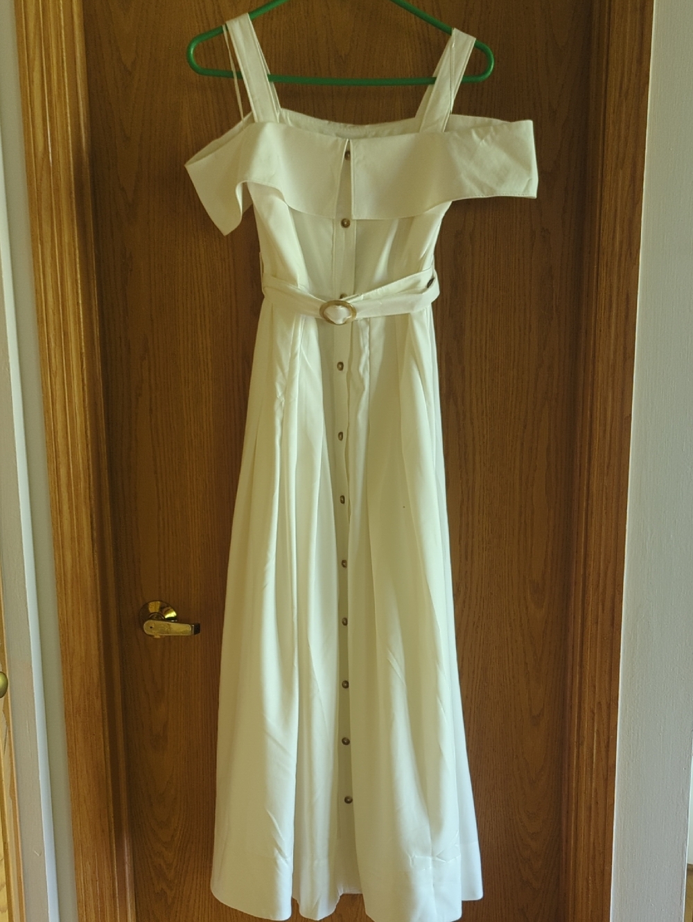 Off-Shoulder White/Cream Maxi Dress w/ Belt- French Connection Fluid Maxi dress